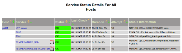 Nagios service status page showing the current status of two MonAMI-provided output.